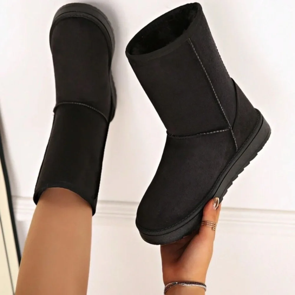 Women’s Black Solid Color Fleece Mid-Calf Warm Snow Boots